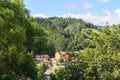 View of the park and forest near Bran Castle (Dracula\'s Castle). Transylvania. Romania Royalty Free Stock Photo