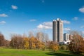 View on park and old Moscow skyskrapers Royalty Free Stock Photo
