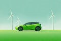 View of a parked car green electric windmill. ai generative