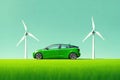 View of a parked car green electric windmill. ai generative