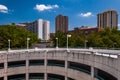 View of parking garage ramp and highrises in Towson, Maryland. Royalty Free Stock Photo