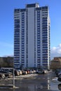 View of the parking lot in front of the high-rise residential building. Balashikha, Moscow oblast, Russia