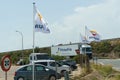 View of the parking lot at the Repsol gas station, flags with logos, truck Royalty Free Stock Photo