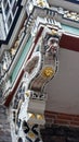 View of part of carved balcony, facade of the town hall, close up, Lubeck, Germany