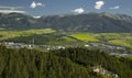 A view of part of the town of Liptovsky Mikulas, the Podbreziny housing estate and the mountain massif Western Tatras with peaks