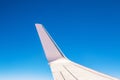 View at the part of a wing of the airplane or airliner during the flight from the window with blue sky and without clouds.Wing of Royalty Free Stock Photo