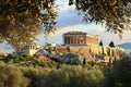 A View of the Parthenon of the Acropolis Temple From Above, A classical Greek Parthenon surrounded by olive trees, AI Generated