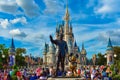 View of Partners Statue This statue of Walt Disney and Mickey Mouse  is positioned in front of Cinderella Castle in Magic Kingdom Royalty Free Stock Photo