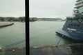 View of a passenger liner in the port of Gdynia through the window in the rain. Poland.