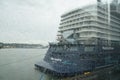 View of a passenger liner in the port of Gdynia through the window in the rain. Poland.