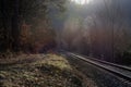 the passing tracks with reflections of the setting sun Royalty Free Stock Photo