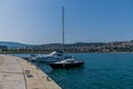 A view past boats moored on the quayside in Koper, Slovenia