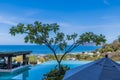 A view past a pool over the resort of Tamarindo in Costa Rica Royalty Free Stock Photo