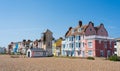 View of coloured buildings on the seafont in Aldeburgh, Suffolk. UK