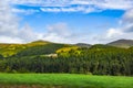 View of the pastoral rural landscape with mountains, forest