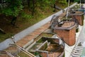 view of the path leading to the river in the city park. Royalty Free Stock Photo