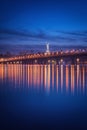 View of the Paton bridge, Motherland monument and Dnieper river at night, beautiful cityscape, Kiev, Ukraine Royalty Free Stock Photo