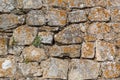 View of pattern with exterior wall texture of old building made in paired granitic stone, ultra neat with details of moss