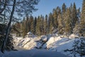 View of the pavilion and the bank of The Vuoksi River, Imatrankoski, Mellonlahti nature trail in winter, Imatra, Finland