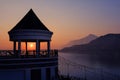 A view pavilion beside the Mekong River with morning sunrise and beautiful mountains