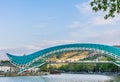 The view on the Peace Bridge with the Sololaki Hill and old town buildings on the background, Tbilisi, Georgia Royalty Free Stock Photo