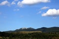 View of the peaks of the chain of mountains of the Maiella group, Pietra Cernaia area, under a blue sky with large white clouds, A Royalty Free Stock Photo