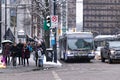 View of Pedestrian crossing on West Georgia Street during the snow fall. Snow storm and extreme weather.