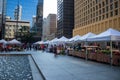 View of people browsing at the farmers market at Daley Plaza in Chicago Loop