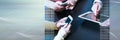 People hands using mobile phones and digital tablet. panoramic banner Royalty Free Stock Photo