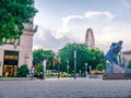 View on the people walking on the Deak Ferenc square with the Budapest Eye wheel is in the background Royalty Free Stock Photo