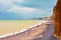 View of peppel beach and cliffs in background in the Normandy region of northern France