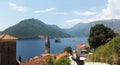 View from Perast town to islands and green hills in Bay of Kotor - Boka Kotorska - Montenegro landscape Royalty Free Stock Photo