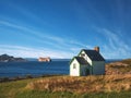 View on the Perce village and the rock from Bonaventure Island Royalty Free Stock Photo