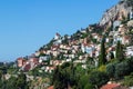 View of the perched fortified medieval village overlooking Roquebrune-Cap-Martin and the Mediterranean Sea on the French