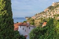 View of the perched fortified medieval village overlooking Roquebrune-Cap-Martin and the Mediterranean Sea on the French