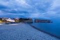 View of the PercÃÂ© village beach, cliff and famous rock seen during a blue hour summer evening Royalty Free Stock Photo
