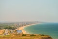 View on Peresyp village and Temryuk Bay. Coastal road. Sea beach.