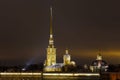 View on Peter and Paul church on winter night, glow from the sunset light in the background, Sankt-Peterburg