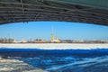 A view of the Peter and Paul Fortress from under the Palace Bridge in St. Petersburg