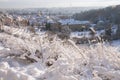 View from Petrin hill to snowy Prague Mala Strana - Lesser Town