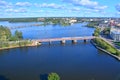 View of Petrovsky Bridge and Northern harbor from St. Olav's Tower in Vyborg Castle, Russia