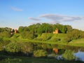 Two wooden fortifications reflected in the Dnieper Royalty Free Stock Photo