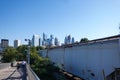 View of the Philadelphia skyline and the and the Schuylkill River Trail from near a railroad train car Royalty Free Stock Photo