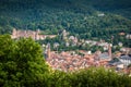 View from the Philosopher`s Path to the old town of Heidelberg with the castle and the Holy Spirit Church, Baden-Wuerttemberg Royalty Free Stock Photo