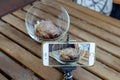 View of phone shooting footage of opening Rose of Jericho Anastatica hierochuntica plant in glass bowl. Shooting timelapse on Royalty Free Stock Photo