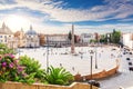 View on Piazza del Popolo with the Egyptian Obelisk, fountains and Twin Churches, Rome, Italy Royalty Free Stock Photo