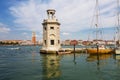 View of the Piazza San Marco, the lighthouse at the island of San Giorgio Maggiore and the yachts at the pier. Venice,