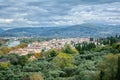 View from Piazzale Michelangelo to the Botanical Garden Giardino dell`Iris, Arno river and hills