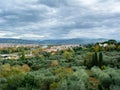 View from Piazzale Michelangelo to the Botanical Garden Giardino dell`Iris, Arno river and hills