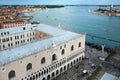 View of Piazzetta di San Marco and the top of Palazzo Ducale from the bell tower at St. Mark`s Square, with the city of Venice on Royalty Free Stock Photo